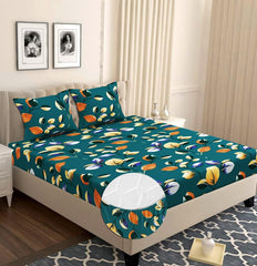Cotton Elastic Fitted Bedsheets With 2 Pillow Covers Double Bed All Around Elastic Sheet Leaf Print | 72 X 78 +10 Inches, Dark Green-Breathable & Skin-Friendly Bedsheet