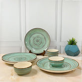 Iris Turquoise Handcrafted Ceramic Dinner Set - 8 Pieces | 4 Dinner Plates + 4 Katori Bowls, 180ml Each Dinnerware Set | Serving For 4, Microwave Safe & Dishwasher Safe