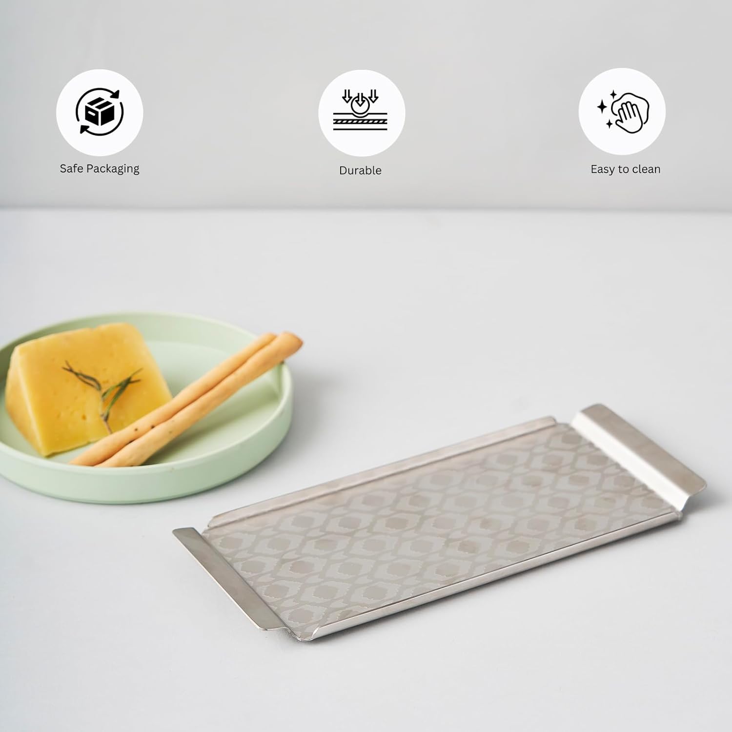 Designer Chrome Stainless Steel Small Tray - Ikat Series, Matt Finish | Corporate Gifting For Diwali - Multipurpose Serving Platter | Premium Serve Ware, Dinnerware & Tableware Designer Chrome Stainless Steel Small Tray - Ikat Series, Matt Finish | Corporate Gifting For Diwali - Multipurpose Serving Platter | Premium Serve Ware, Dinnerware & Tableware