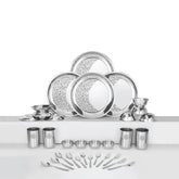 Designer Stainless Steel Delight Laser Bloom Leaf Dinner Set Of 32 Pieces | 4 Dinner Plates+ 4 Glasses+ 4 Bowls+ 4 Chutney Bowls+ 4 Pudding Bowls+ 4 Dessert Spoons+ 4 Dessert Fork+ 4 Tea Spoons