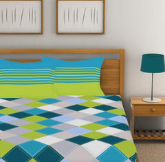 Cotton King Size Bedsheet With 2 Pillow Covers - 108 X 110 Inches, Green & Sky Blue | Color Fade Resistant Bedsheet | Ideal For Hotel, Guest House