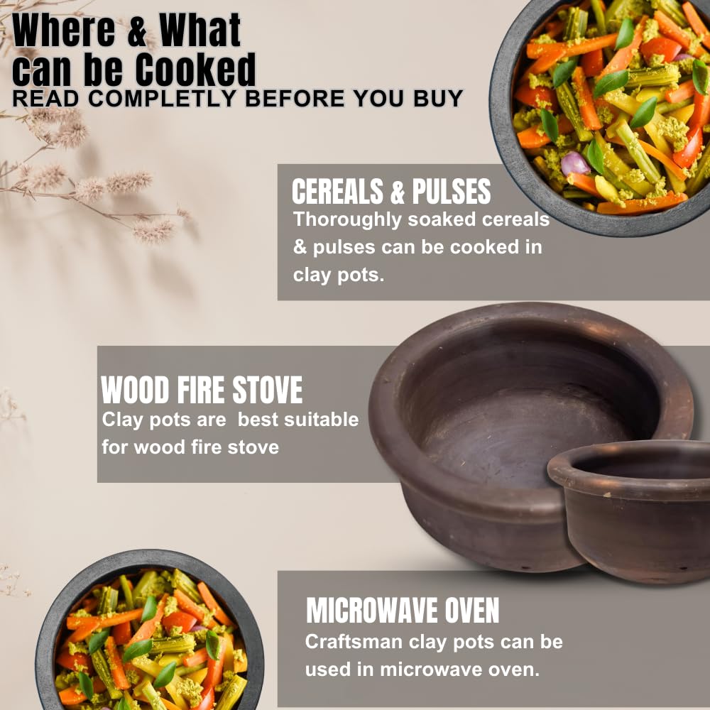 Black Clay Pot For Cooking & Serving With Lid - Unglazed Clay Mud Handi Mitti Ke Bartan With Mirror Shine, 1.5 Liters Black Clay Pot For Cooking & Serving With Lid - Unglazed Clay Mud Handi Mitti Ke Bartan With Mirror Shine, 1.5 Liters