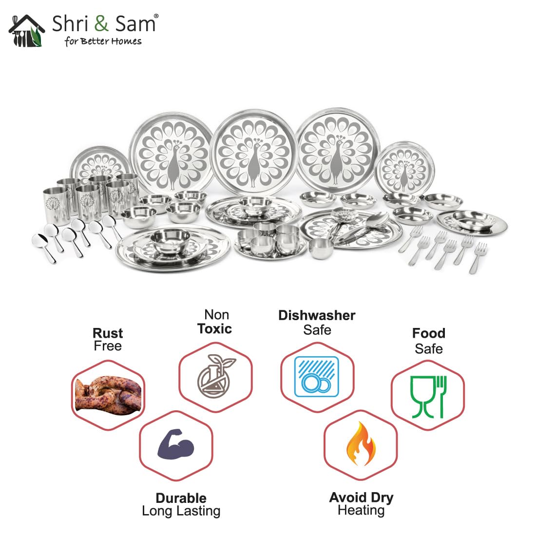 Stainless Steel Shagun Dinner Set Of 50 Pcs, Peacock Set | Eay To Wash & Dishwasher Safe Stainless Steel Shagun Dinner Set Of 50 Pcs, Peacock Set | Eay To Wash & Dishwasher Safe