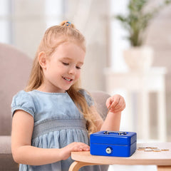 Metal Cash Box With Money Tray, Small Cash Box With Key Lock, Money Slot, Money Coin Safe Security Box Household For Home Office Hotel Business Use, Colour - Blue