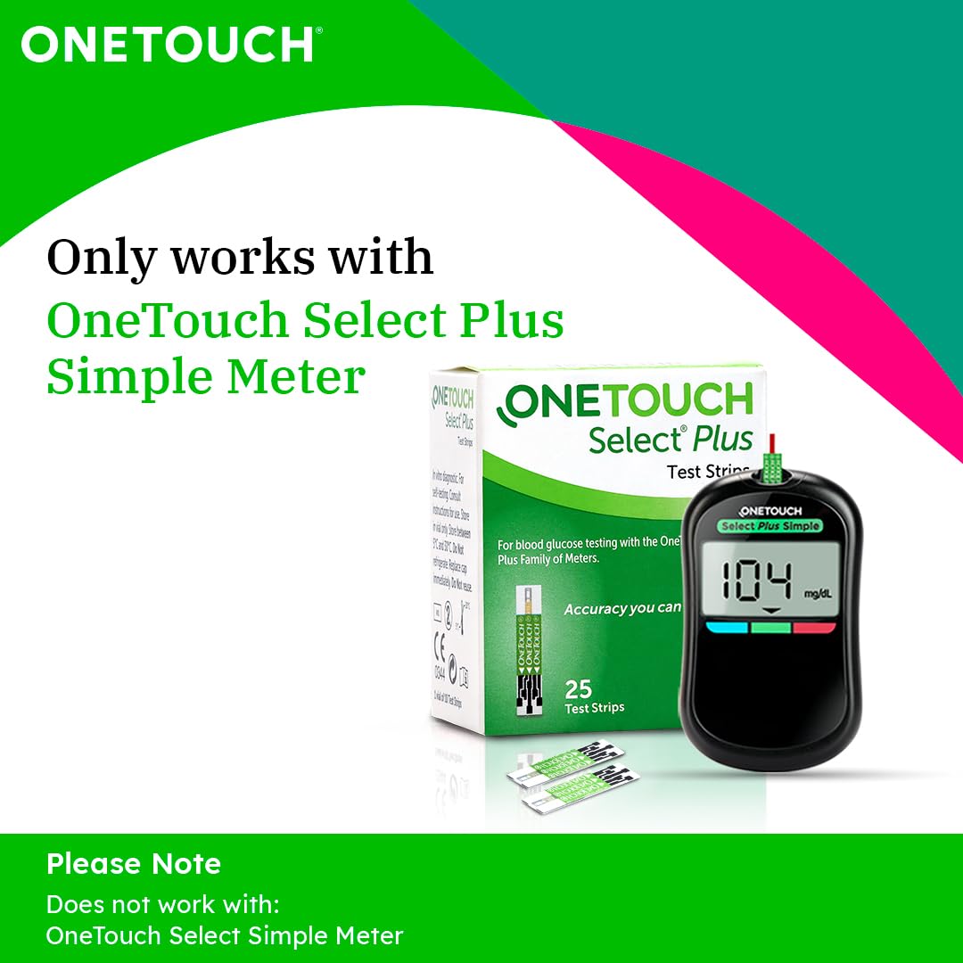 OneTouch Select Plus Test Strips - Pack of 25 Strips | Blood Sugar Test Machine Testing Strips | Global Iconic Brand | For use with OneTouch Select Plus Simple Glucometer OneTouch Select Plus Test Strips - Pack of 25 Strips | Blood Sugar Test Machine Testing Strips | Global Iconic Brand | For use with OneTouch Select Plus Simple Glucometer