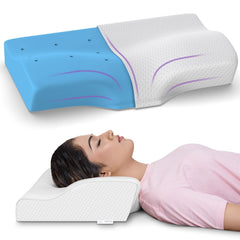 Cool Gel Cervical Pillow For Spondylitis Neck, Orthopedic Design, Memory Foam Pillow, Blue & Grey Velvet Cover, Size - 18.5 X 11 X 3.5 Inches, Sleeping Contour Support, Regular Use - 1 Pillow