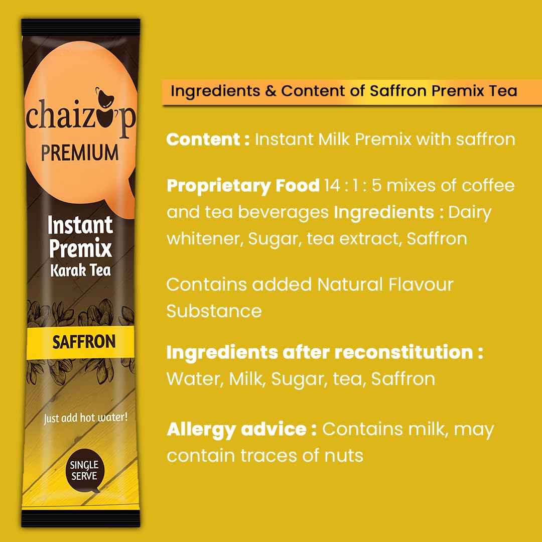 Chaizup Premium 1 Min Instant Saffron Tea Premix - 140gm, 4.9 Ounce, 10 Sachets | Instant Kesar Chai Powder - Just Add Hot Water | Low Caffeine Chaizup Premium 1 Min Instant Saffron Tea Premix - 140gm, 4.9 Ounce, 10 Sachets | Instant Kesar Chai Powder - Just Add Hot Water | Low Caffeine