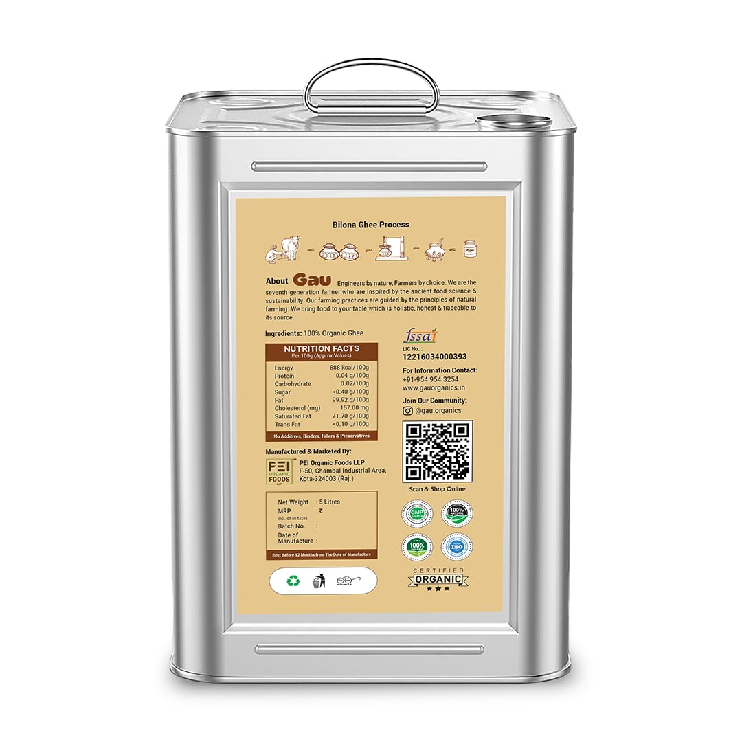 Organic Cow Ghee By Gau Organics | Natural Hand Made Curd Churned Desi Cow Ghee Good For Cooking & Frying | (5 Litr) 169.0 Ounce | Tin Pack Organic Cow Ghee By Gau Organics | Natural Hand Made Curd Churned Desi Cow Ghee Good For Cooking & Frying | (5 Litr) 169.0 Ounce | Tin Pack