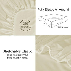 Striped Cotton Queen Size Fitted Bedsheet With 2 Pillow Covers - 60 X 80 + 12 Inches, Ivory | Soft & Durable | Perfect For All Seasons, Especially Summer