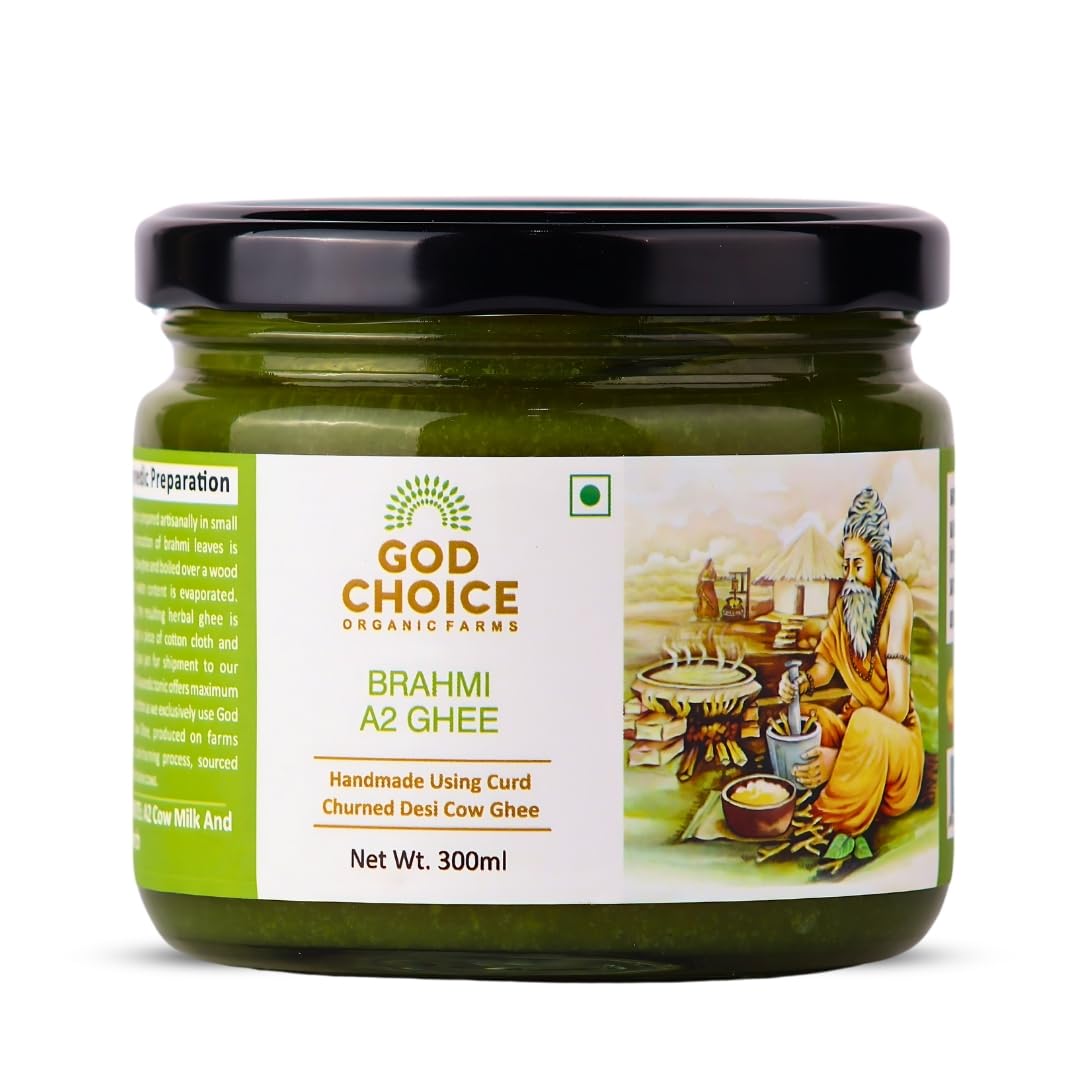 Premium Brahmi A2 Desi Cow Ghee By God Choice Organic Farms | High In Protein Fiber Healthy Desi Ghee For Diet | (300ml) 10.1 Ounce | Jar Pack