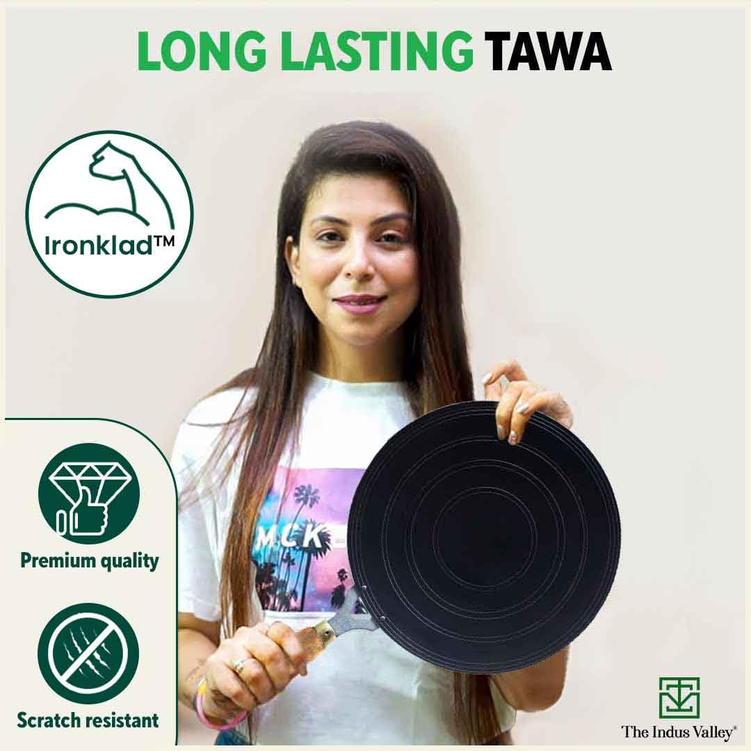 Pre-Seasoned Black Iron Tawa For Dosa, Chapathi With Wooden Handle - 27cm, 10.6 Inch, 0.95 Kg | Gas Stove Friendly, 100% Pure & Toxin-Free, No Chemical Coating Pre-Seasoned Black Iron Tawa For Dosa, Chapathi With Wooden Handle - 27cm, 10.6 Inch, 0.95 Kg | Gas Stove Friendly, 100% Pure & Toxin-Free, No Chemical Coating