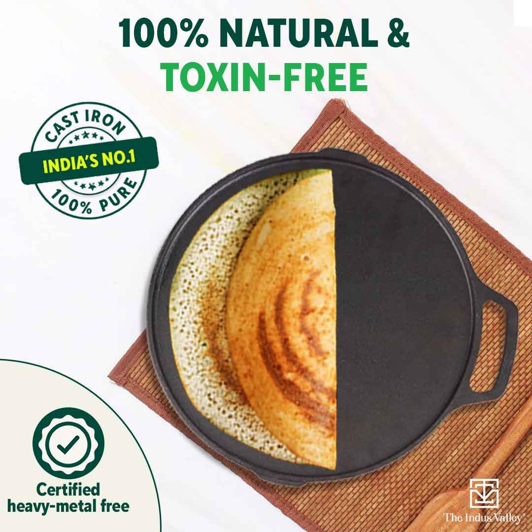 Pre-Seasoned Black Cast Iron Round Griddle Pan With Double Handle - Medium, 26 Cm, 10.2 Inch, 2.1 Kg | Gas Compatible, 100% Pure & Toxin-Free, No Chemical Coating Pre-Seasoned Black Cast Iron Round Griddle Pan With Double Handle - Medium, 26 Cm, 10.2 Inch, 2.1 Kg | Gas Compatible, 100% Pure & Toxin-Free, No Chemical Coating