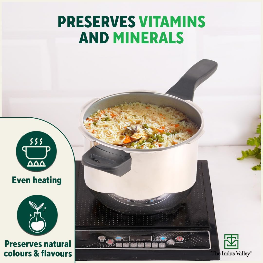 Stainless Steel Pressure Cooker Outer Lid Combo + Free Wooden Chopping Board - 3 Liters + 4.5 Liters | Induction Friendly, Tri-Ply Sandwich Bottom, 100% Toxin-Free, Naturally Non-Stick Stainless Steel Pressure Cooker Outer Lid Combo + Free Wooden Chopping Board - 3 Liters + 4.5 Liters | Induction Friendly, Tri-Ply Sandwich Bottom, 100% Toxin-Free, Naturally Non-Stick