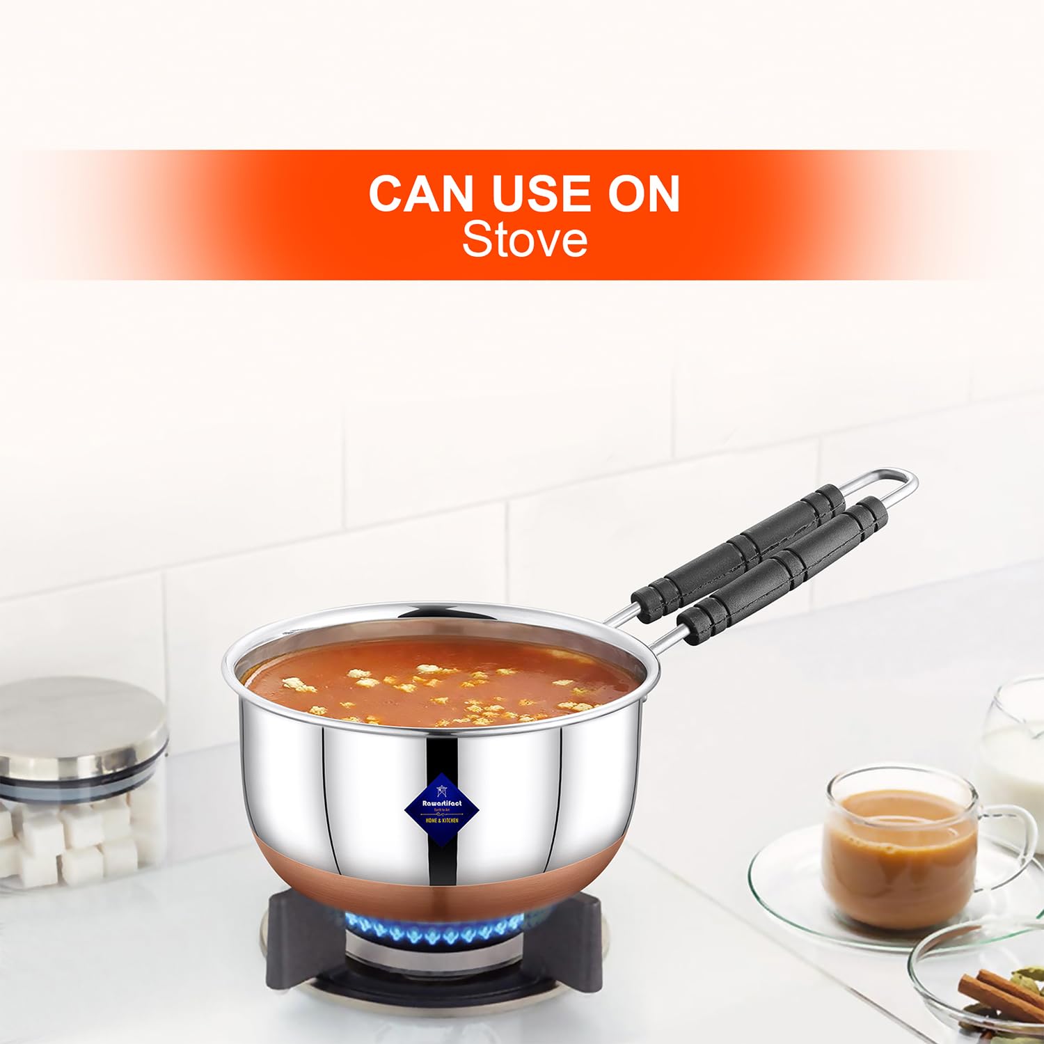 Silver Stainless Steel Copper Bottom Gas Stove, Flat Base Sauce Pan With Handle | Tea Pan, Milk Pan, Tapeli Patila, Sauce Pot Cookware With Handle, 2200ml Silver Stainless Steel Copper Bottom Gas Stove, Flat Base Sauce Pan With Handle | Tea Pan, Milk Pan, Tapeli Patila, Sauce Pot Cookware With Handle, 2200ml