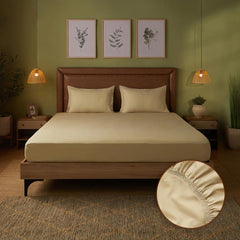 Plain Bedsheet For Double Bed King Size With 2 Pillow Covers - 72 X 78 Inches, Beige | All Around Elastic Fitted Sheet | 100% Cotton, Soft & Breathable - Collection