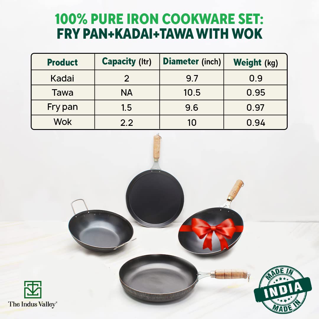 Pre-Seasoned Iron Cookware Set + Free Wok 25 Cm, 2.2 Liters | Kadai 24 Cm, 2 Liters + Fry Pan 24 Cm, 1.5 Liters + Tawa 26 Cm | Kitchen Cooking Combo Pots & Pans Set Of 4 Pcs - Naturally Nonstick Pre-Seasoned Iron Cookware Set + Free Wok 25 Cm, 2.2 Liters | Kadai 24 Cm, 2 Liters + Fry Pan 24 Cm, 1.5 Liters + Tawa 26 Cm | Kitchen Cooking Combo Pots & Pans Set Of 4 Pcs - Naturally Nonstick