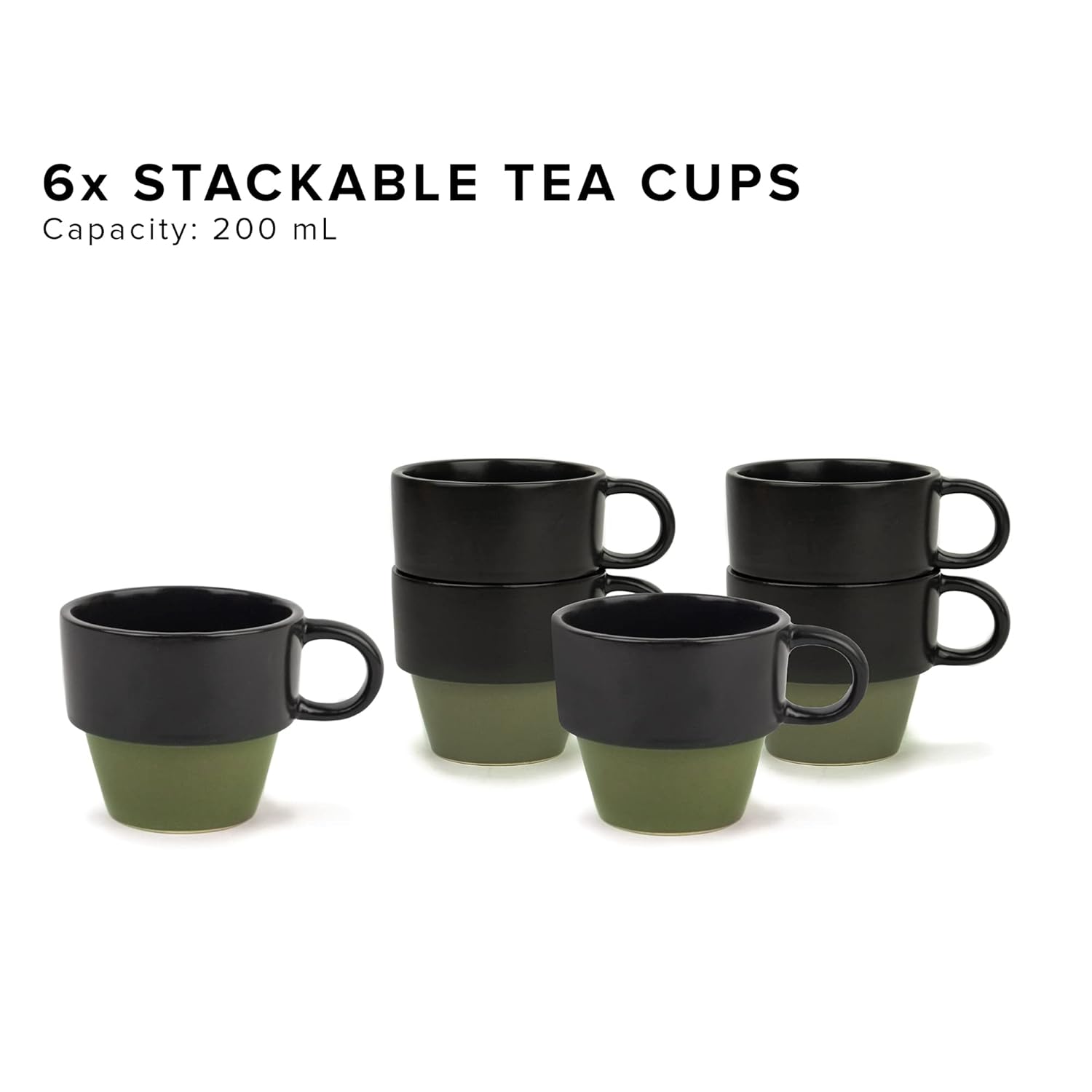 Ceramic Stackable Tea Cup Set Of 6 - Black Olive, 200ml Each | Cup Set Of 6 For Tea - Matte Finish Tea Cup Set | Premium Stoneware Ceramic Cup Ceramic Stackable Tea Cup Set Of 6 - Black Olive, 200ml Each | Cup Set Of 6 For Tea - Matte Finish Tea Cup Set | Premium Stoneware Ceramic Cup