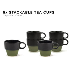 Ceramic Stackable Tea Cup Set Of 6 - Black Olive, 200ml Each | Cup Set Of 6 For Tea - Matte Finish Tea Cup Set | Premium Stoneware Ceramic Cup