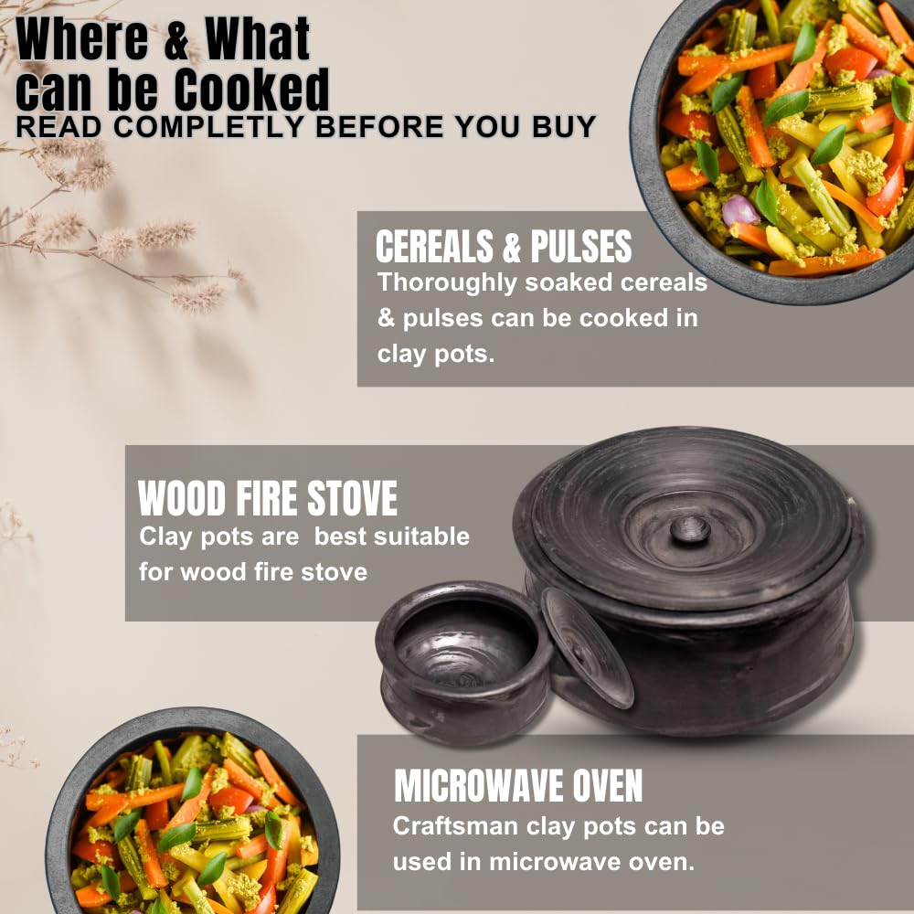 Exclusive Range Unglazed Earthen Clay Pot With Lid | Biryani Handi - Clay Kadai With Natural Firing Shade & Mirror Shine 2 Liters, Black Exclusive Range Unglazed Earthen Clay Pot With Lid | Biryani Handi - Clay Kadai With Natural Firing Shade & Mirror Shine 2 Liters, Black