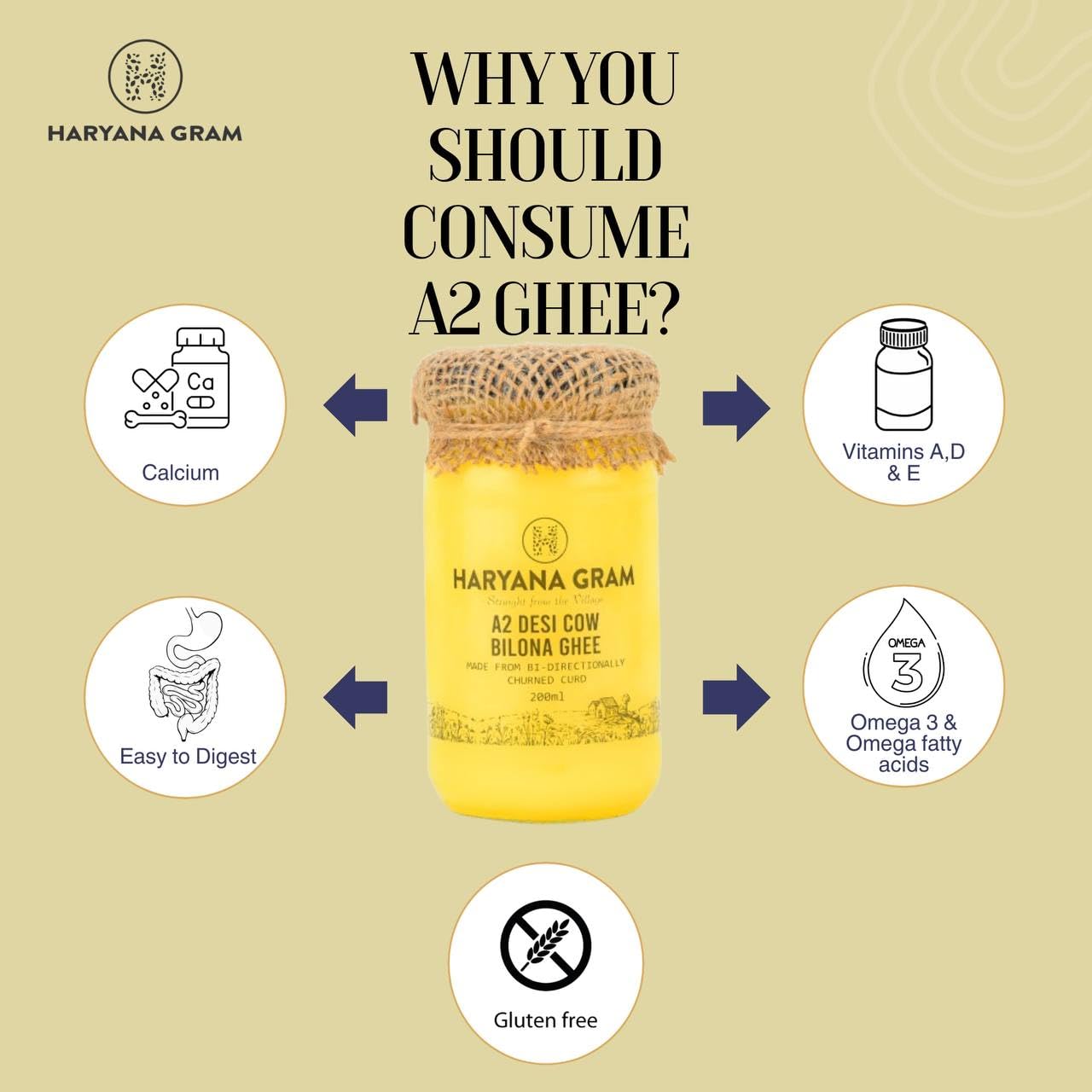 Organic A2 Desi Cow Bilona Ghee By Haryana Gram | Rich In Vitamin A, D & Minerals Healthy Desi Ghee Good For Overall Health | (200ml) 6.7 Ounce | Jar Pack Organic A2 Desi Cow Bilona Ghee By Haryana Gram | Rich In Vitamin A, D & Minerals Healthy Desi Ghee Good For Overall Health | (200ml) 6.7 Ounce | Jar Pack