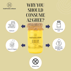 Organic A2 Desi Cow Bilona Ghee With Neem Wood Spoon By Haryana Gram | Rich In Vitamin A, D & Minerals Healthy Desi Ghee | (500ml) 16.9 Ounce | Jar Pack