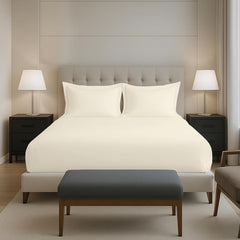 Plain Cotton Elastic Fitted Bedsheets Queen Size Two Pillow Cover - 63 X 78 Inches, Ivory | Breathable & Smooth Bedding Wrinkles | Elegant Hotel Like Look