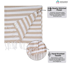Homadorn 100% Cotton Striped Fouta Bath Towels 1400 Gsm | Soft Quick Dry & Absorbent Hand-Knotted Tassels | Turkish Hamam Towel (Beige- White)- Pack Of 4