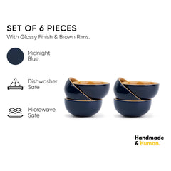 Ceramic Veg Bowls Set Of 6 For Dinner - 180ml Each, Midnight Blue | Katori Set With Glossy Finish - Stoneware Ceramic Bowls Set Of 6 | Dessert Bowl Set