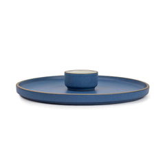 Large Round Ceramic Serving Platter, Blue - 1 Platter + 1 Dip Bowl, 75ml Japandi Series | Big Serving Plate Set With Matte Finish - Platters Serving Set | Ceramic Round Platter - Microwave Safe