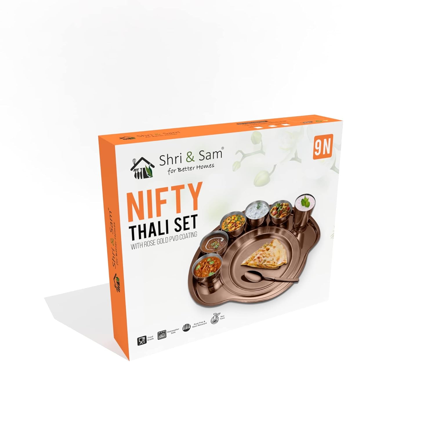 Stainless Steel Rose Gold Nifty Thali Set Of 9 Pieces, Copper | 5 Katoris+ 1 Glass+ 1 Quarter Plate+ 1 Full Plate+ 1 Dessert Spoon Stainless Steel Rose Gold Nifty Thali Set Of 9 Pieces, Copper | 5 Katoris+ 1 Glass+ 1 Quarter Plate+ 1 Full Plate+ 1 Dessert Spoon