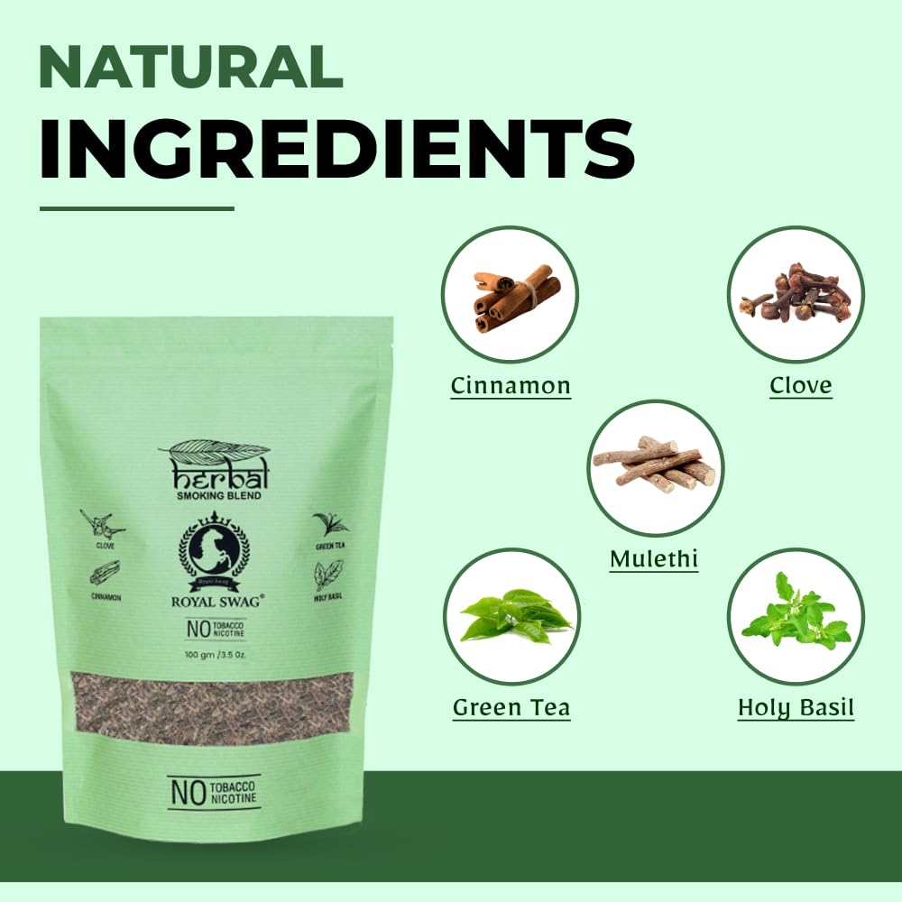 Royal Swag Tobacco & Nicotine Free Smoking Mixture With 100% Natural Herbal Smoking Blend 1 Pack - 100gm With Wooden Steel Pipe Royal Swag Tobacco & Nicotine Free Smoking Mixture With 100% Natural Herbal Smoking Blend 1 Pack - 100gm With Wooden Steel Pipe