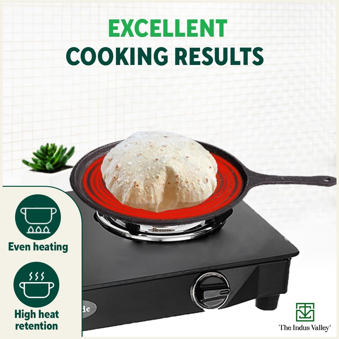 Pre-Seasoned Black Cast Iron Tawa With Free Wooden Spatula For Dosa, Chapathi - 25.7cm, 10.3 Inch, 2 Kg | Induction Friendly, Naturally Nonstick, 100% Pure & Toxin-Free, No Chemical Coating Pre-Seasoned Black Cast Iron Tawa With Free Wooden Spatula For Dosa, Chapathi - 25.7cm, 10.3 Inch, 2 Kg | Induction Friendly, Naturally Nonstick, 100% Pure & Toxin-Free, No Chemical Coating