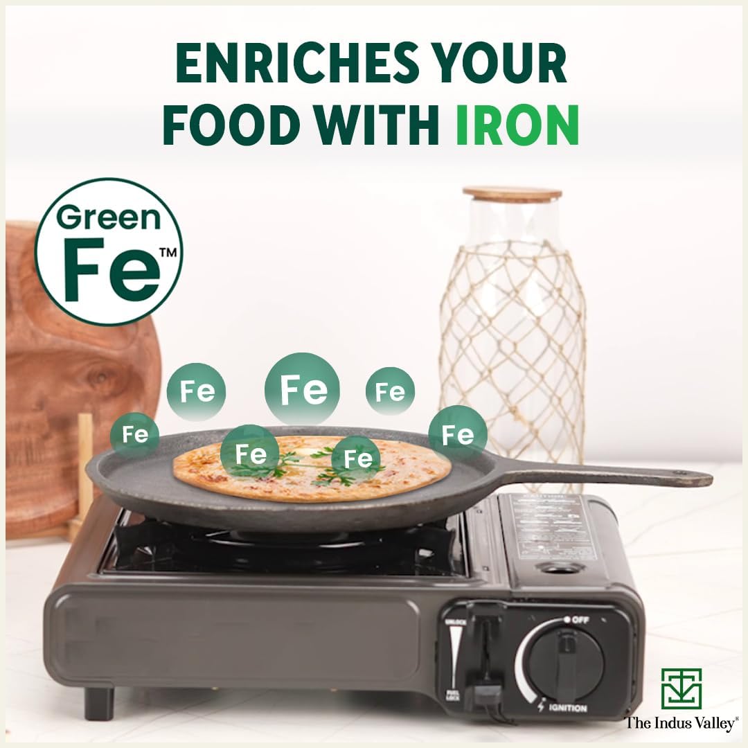 Pre-Seasoned Black Cast Iron Tawa With Free Wooden Spatula For Dosa, Chapathi - 25.7cm, 10.3 Inch, 2 Kg | Induction Friendly, Naturally Nonstick, 100% Pure & Toxin-Free, No Chemical Coating Pre-Seasoned Black Cast Iron Tawa With Free Wooden Spatula For Dosa, Chapathi - 25.7cm, 10.3 Inch, 2 Kg | Induction Friendly, Naturally Nonstick, 100% Pure & Toxin-Free, No Chemical Coating