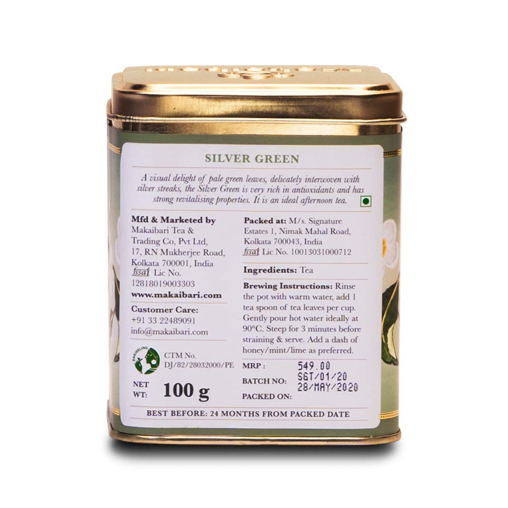 Makaibari Tea Treasures Silver Green Darjeeling Green Tea - 100gm Tin Caddy, 3.5 Ounce | USDA Certified Premium Revitalizing Loose Long Leaf Green Tea - Low Caffeine Loose Leaves Makaibari Tea Treasures Silver Green Darjeeling Green Tea - 100gm Tin Caddy, 3.5 Ounce | USDA Certified Premium Revitalizing Loose Long Leaf Green Tea - Low Caffeine Loose Leaves