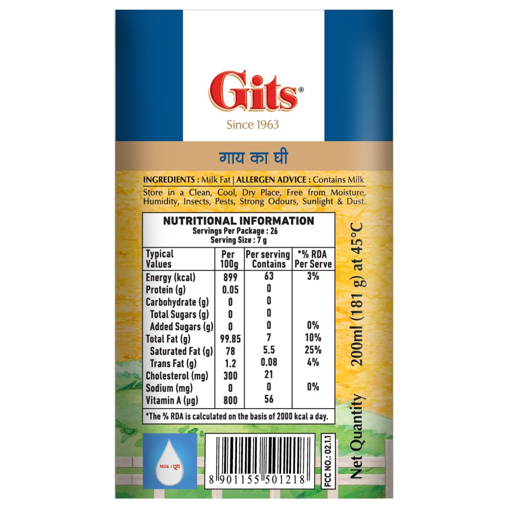 Natural Premium Desi Cow Ghee By Gits | Good Source Of Vitamin A, Delicious Healthy & Nutritious Pure Cow Ghee Perfect For Digestion | (200ml) 6.7 Ounce | Tin Pack Natural Premium Desi Cow Ghee By Gits | Good Source Of Vitamin A, Delicious Healthy & Nutritious Pure Cow Ghee Perfect For Digestion | (200ml) 6.7 Ounce | Tin Pack