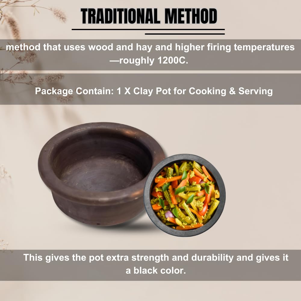 Black Clay Pot For Cooking & Serving With Lid - Unglazed Clay Mud Handi Mitti Ke Bartan With Mirror Shine, 1.5 Liters Black Clay Pot For Cooking & Serving With Lid - Unglazed Clay Mud Handi Mitti Ke Bartan With Mirror Shine, 1.5 Liters
