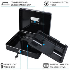 Large 12 Inch Cash Box With Note & Coin Compartments, Cash Box With Lock & Key, Money Tray Perfect Secure Storage, Colour - Black