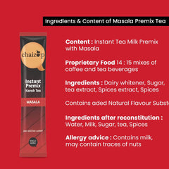 Chaizup Premium 1 Min Instant Masala Tea Premix - 140gm, 4.9 Ounce, 10 Sachets | Just Add Hot Water - Assam Masala Chai Powder | Low Caffeine, No Added Color - Home Like Tea