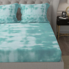 Cotton Elastic Fitted Double Bedsheet For King Size With 2 Pillow Covers - 78 X 72 + 8 Inches, White & Seafoam | Soft Wrinkle Free & Breathable Elastic Bedsheets For King Size Bed