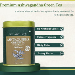 Tea And Twigs Ashwagandha Green Tea - 30gm, 1.05 Ounce, 15 Teabags | Ayurvedic Blend Of Himalayan Green Tea, Natural Ashwagandha & Real Cardamom - Boosts Immunity & Improves Memory, Caffeine Free