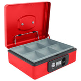 Imported Metal Cash Box With Dual Combination & Password Lock Large Size Money Box For Cash, Jewellery Safe Locker With Removable Plastic Coin Tray, Colour - Red, Material - Metal