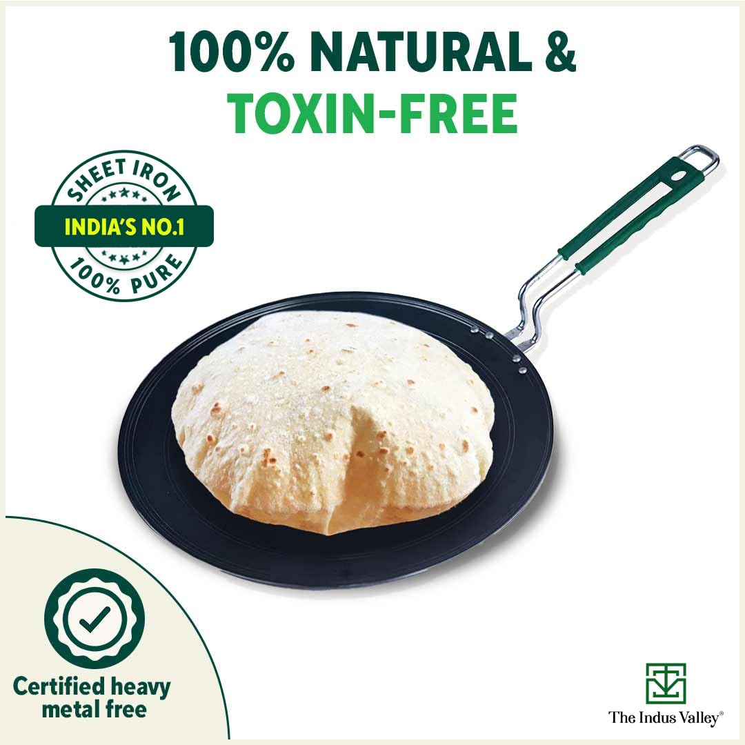 Pre-Seasoned Black Iron Concave Tawa For Dosa, Chapathi With Silicone Grip - 25.5cm, 10 Inch, 0.8 Kg | Gas Compatible, 100% Pure & Toxin-Free, No Chemical Coating Pre-Seasoned Black Iron Concave Tawa For Dosa, Chapathi With Silicone Grip - 25.5cm, 10 Inch, 0.8 Kg | Gas Compatible, 100% Pure & Toxin-Free, No Chemical Coating