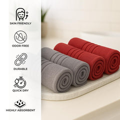 Akiko Home 100% Cotton Essential Series Face Towel 600 Gsm | Soft Absorbent & Durable Washcloth For Men & Women, Compact Travel Towel -Pack Of 4 (Grey & Maroon)