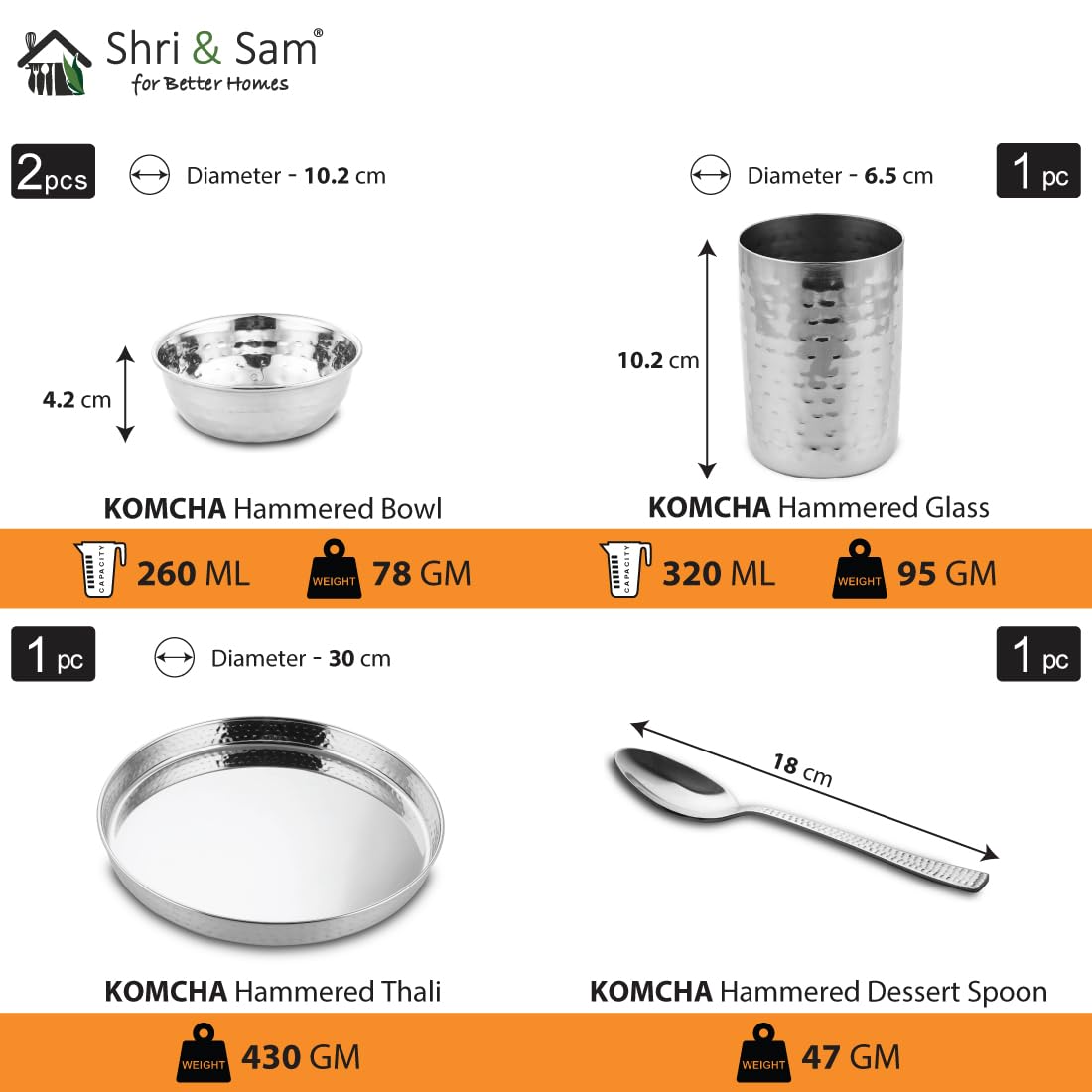 High Grade Stainless Steel Komcha Hammered Thali Set Of 5, Silver - Mirror Finish | 1 Hammered Thali+ 2 Bowls+ 1 Glass+ 1 Dessert Spoon High Grade Stainless Steel Komcha Hammered Thali Set Of 5, Silver - Mirror Finish | 1 Hammered Thali+ 2 Bowls+ 1 Glass+ 1 Dessert Spoon