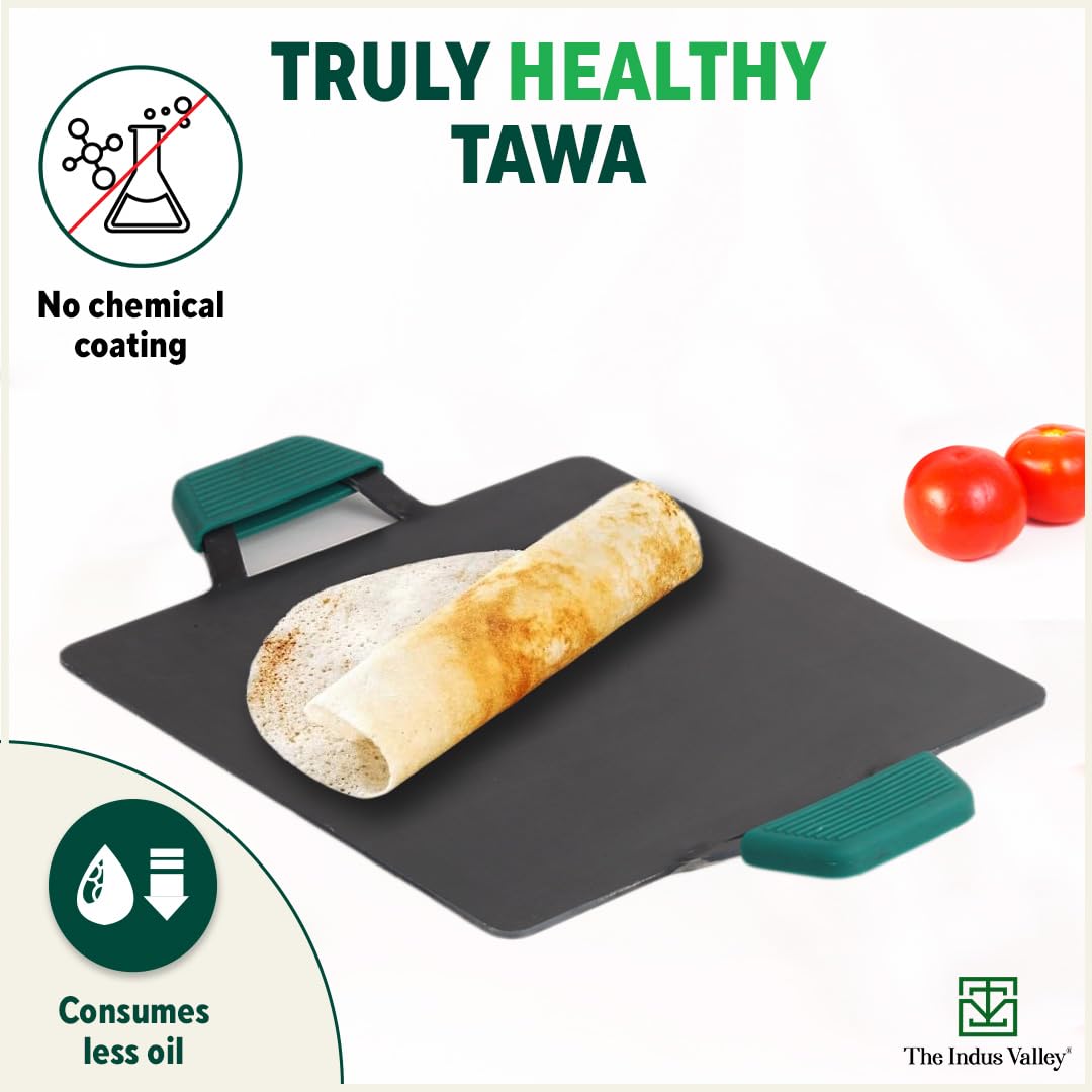 Pre-Seasoned Black Square Iron Tawa With Twin Handle & Silicon Grip - 30.4 Cm, 12 Inch, 3.1 Kg | Induction Friendly, Pre-Seasoned Tawa, 100% Pure & Toxin-Free, No Chemical Coating Pre-Seasoned Black Square Iron Tawa With Twin Handle & Silicon Grip - 30.4 Cm, 12 Inch, 3.1 Kg | Induction Friendly, Pre-Seasoned Tawa, 100% Pure & Toxin-Free, No Chemical Coating