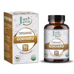 Just Jaivik Organic Gokharu Tribulus Terrestris Gokshura As Dietary Supplements - 750mg Vitalit Support, Immune Booster, Promotes Overall Health | 90 Caplets 100gm 0.2lbs