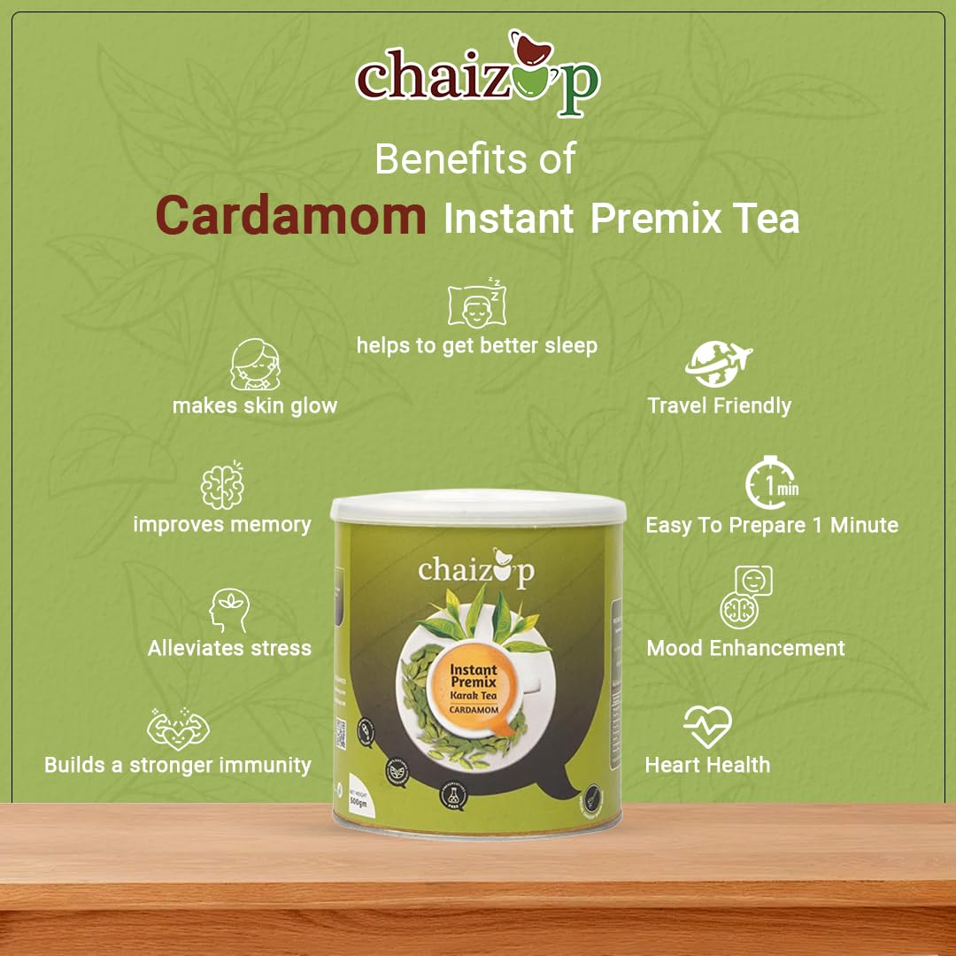 Chaizup Premium 1 Min Instant Cardamom Tea Premix - 500gm Can, 17.6 Ounce | Just Add Hot Water - Assam Elaichi Chai Powder | Low Caffeine Home Like Tea Chaizup Premium 1 Min Instant Cardamom Tea Premix - 500gm Can, 17.6 Ounce | Just Add Hot Water - Assam Elaichi Chai Powder | Low Caffeine Home Like Tea