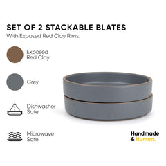 Stackable Ceramic Pasta Bowl Set Of 2 Pieces - 22cm, Grey With Brown Rim | Ceramic Pasta Plate With Matte Finish | Deep Plate - Ceramic Bowl | Pasta Serving Plate