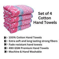 Stamio Cotton Hand Towels 490 Gsm | Towel For Men & Women Home Kitchen Use, Gym, Wash Basin, Sports, Travel | Jacquard Towel Pink (Set Of 4)