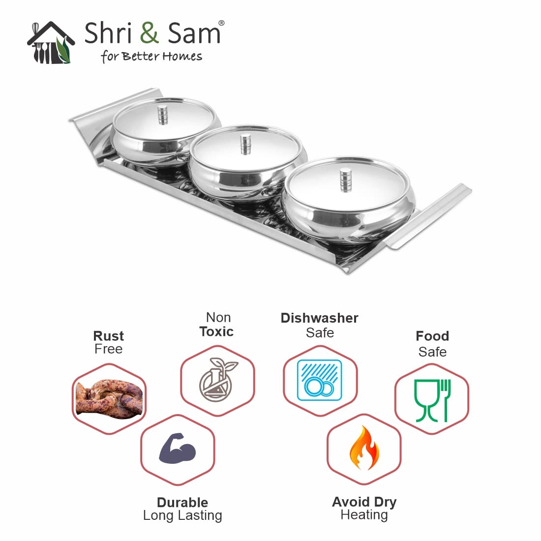Stainless Steel Lunia Bowl Set With Tray - Silver | 3 Snack Bowl, 100ml Each + 1 Stainless Steel Tray Stainless Steel Lunia Bowl Set With Tray - Silver | 3 Snack Bowl, 100ml Each + 1 Stainless Steel Tray